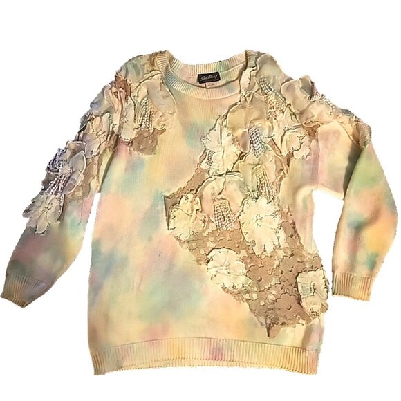 1 Size Sue Blue Highly Embellished Sweater Applique Lace Pastel Tie Dye Vtg 90s